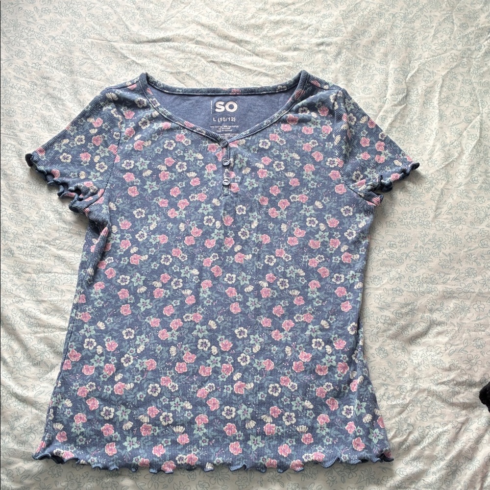 SO Blue and Pink Floral Kids Short Sleeve Tee